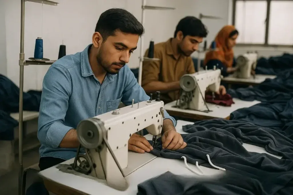 Sewing operator working on a dark drawcord garment at an industrial sewing machine