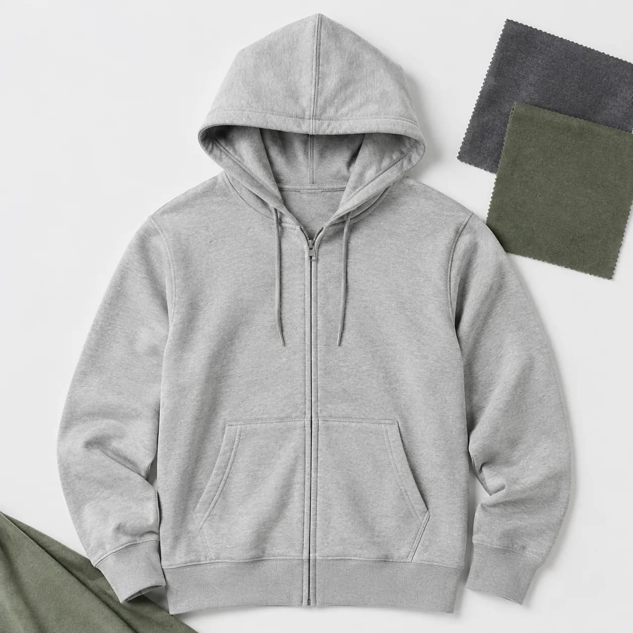 Zip hoodie with trims and color swatches