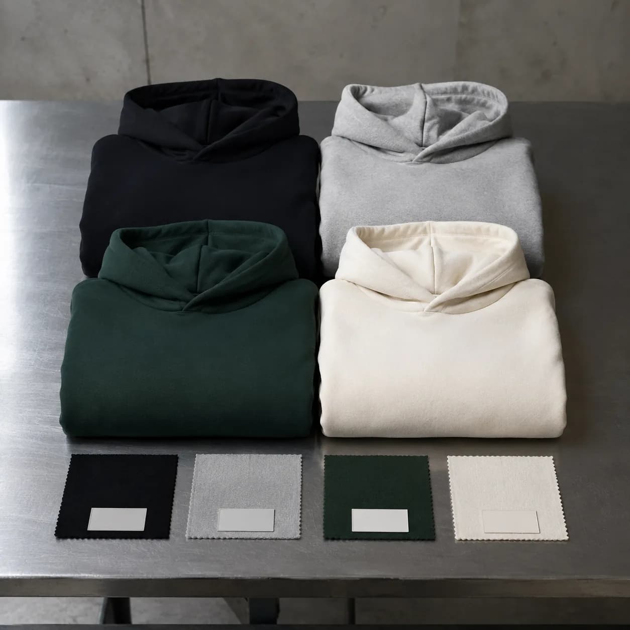 four folded hoodie colorways in black, grey, forest green and ivory