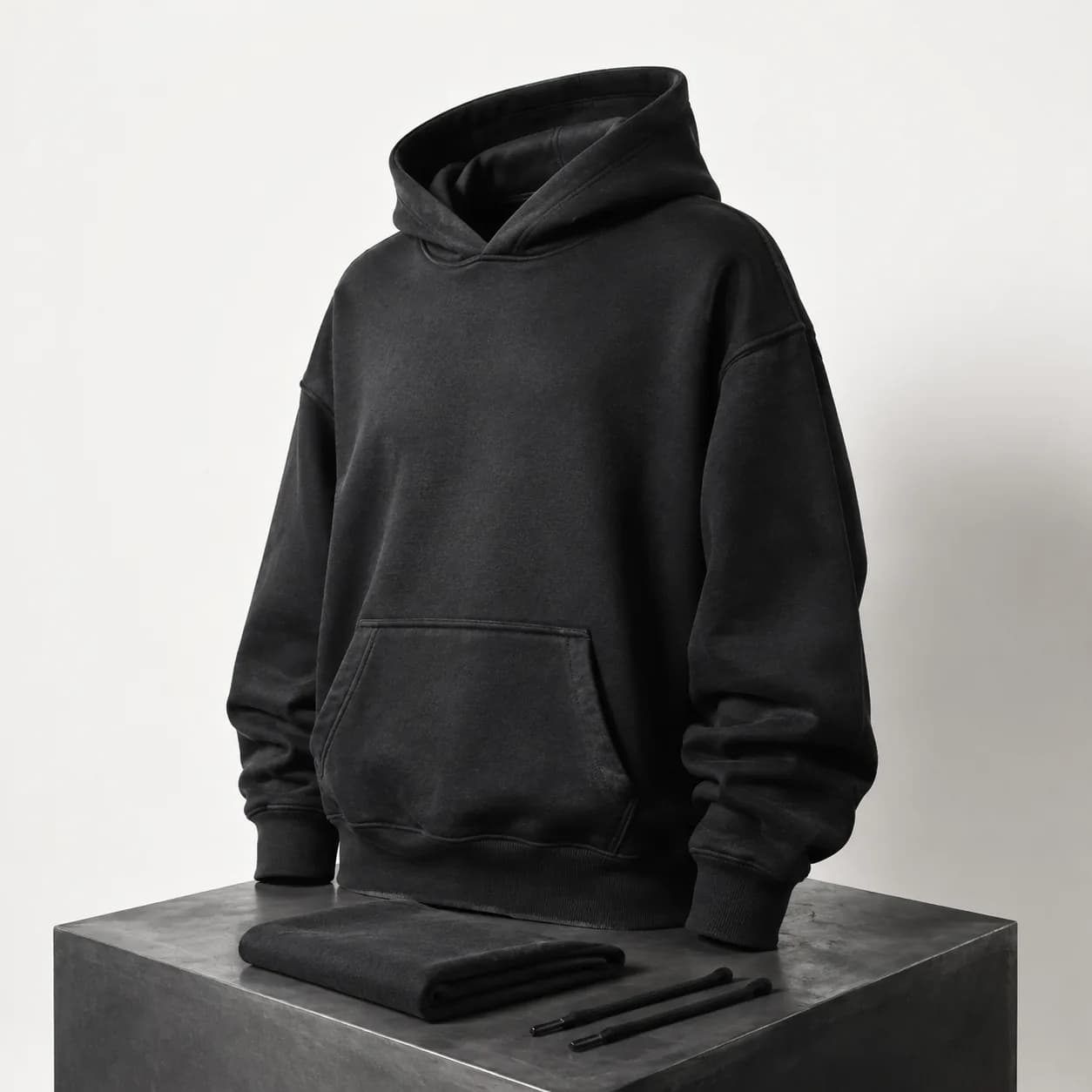 charcoal pullover hoodie with dropped shoulders, kangaroo pocket and rib cuffs