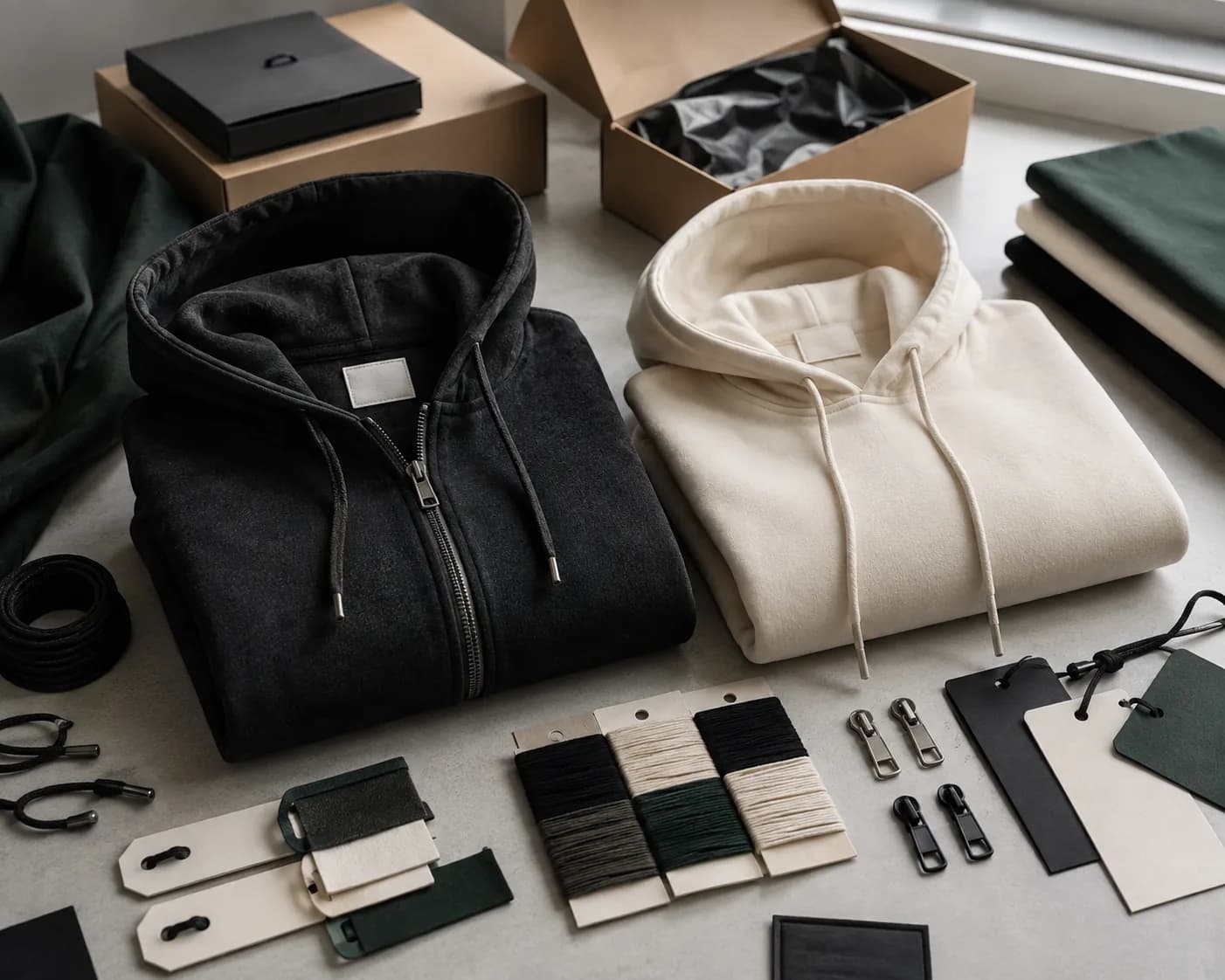 black zip hoodie and ivory pullover with blank labels, drawcords and packaging
