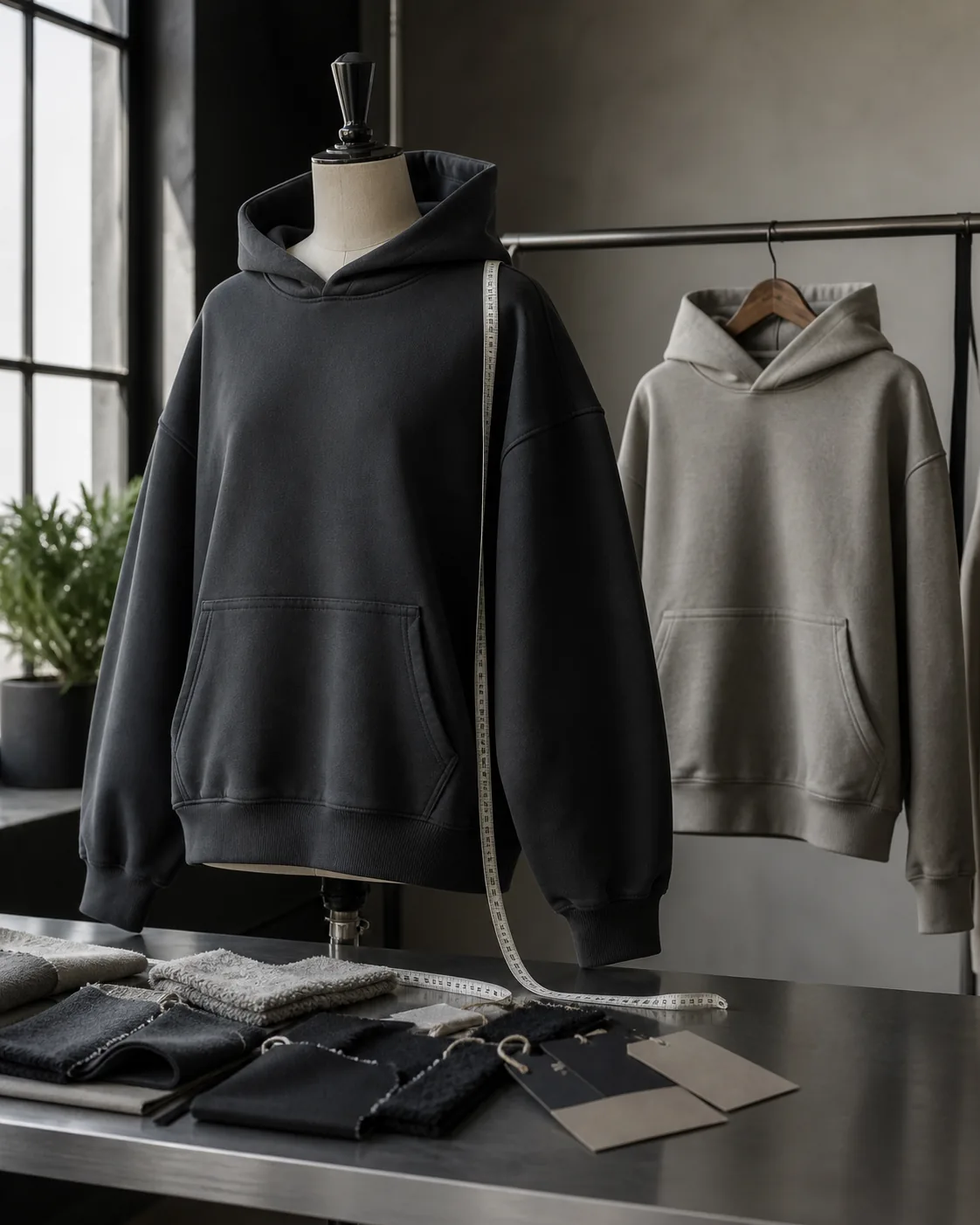charcoal hoodie on a dress form beside a grey fit sample and fleece swatches