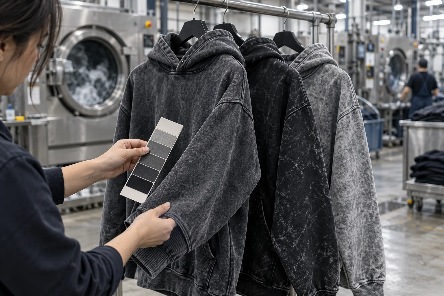 Connect the wash reference to controlled bulk production: Qualify fabric and dye; Approve the complete washed hoodie; Release traceable wash batches