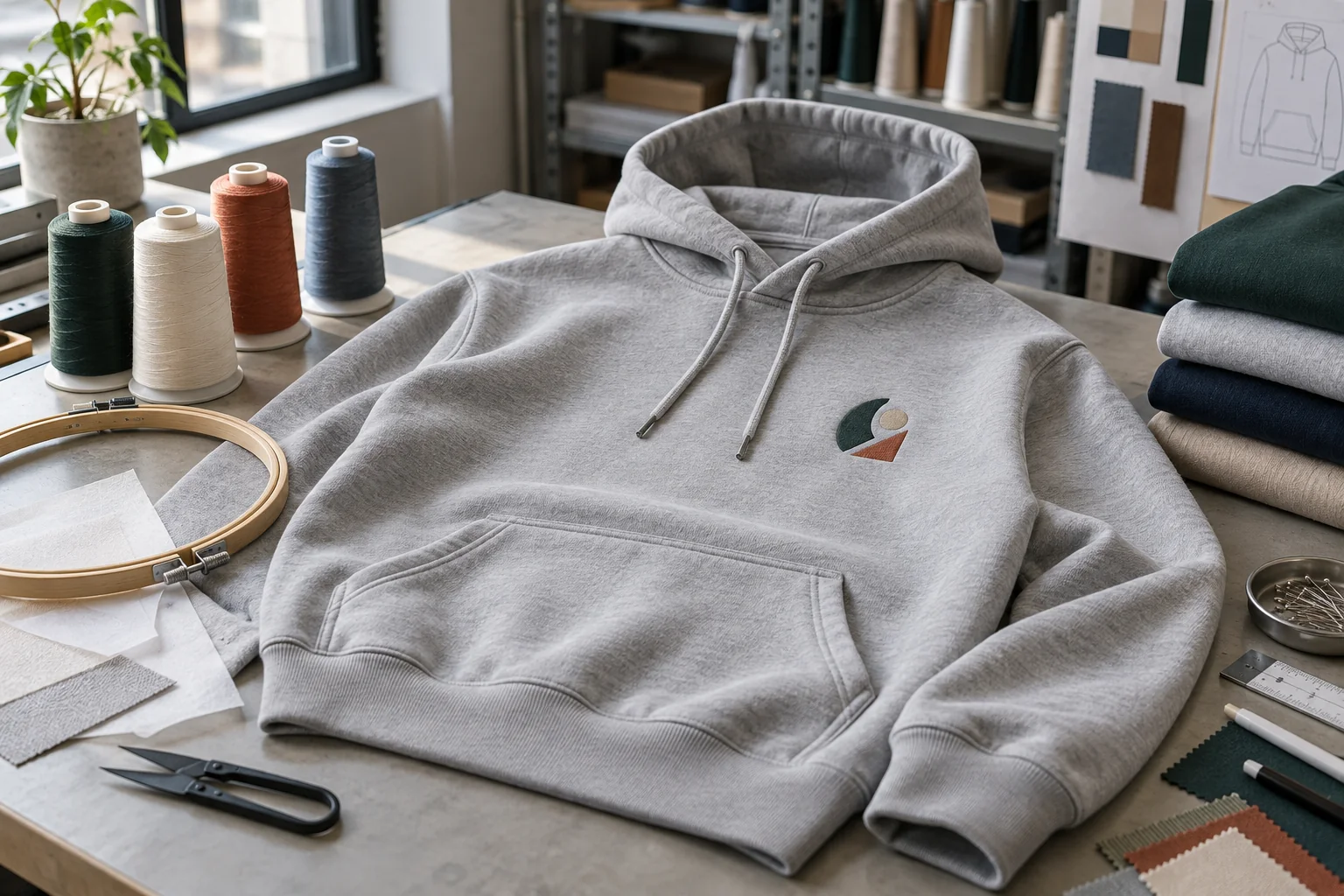Connect the hoodie brief to decoration release: Map construction and placements; Qualify embroidery on actual fabric; Approve garments and packing