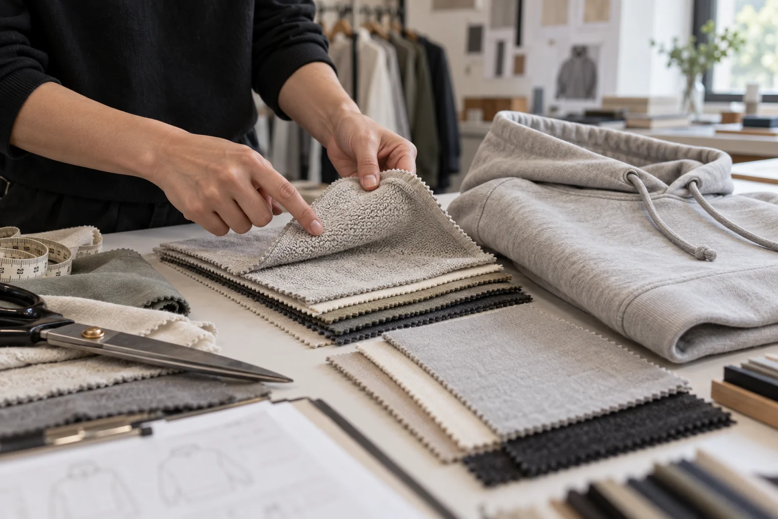 Brief French terry through sample gates: Mark the fabric surfaces and seasonal requirements; Coordinate rib, construction, and actual-surface decoration; Approve the complete hoodie before bulk handover