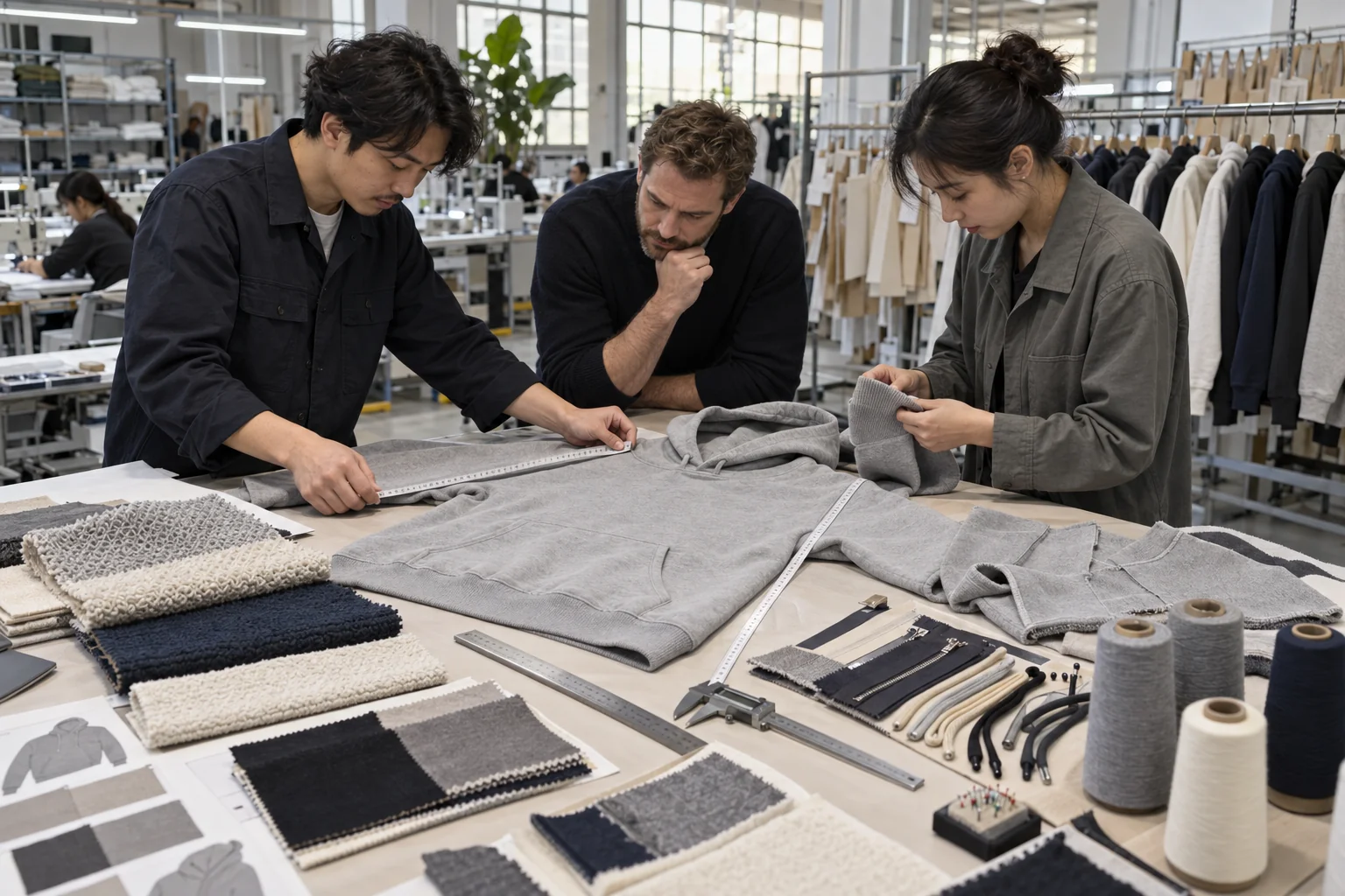 Brief the complete loopback hoodie: Identify fabric surfaces and finished properties; Coordinate rib, construction, and decoration; Approve the combined sample for bulk production