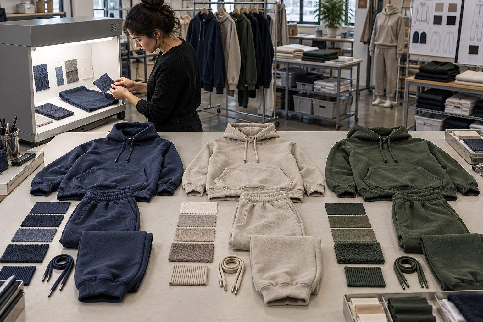 Connect two garment specifications to one sellable set: Define materials and paired quantities; Approve coordinated finished samples; Inspect and pack traceable sets