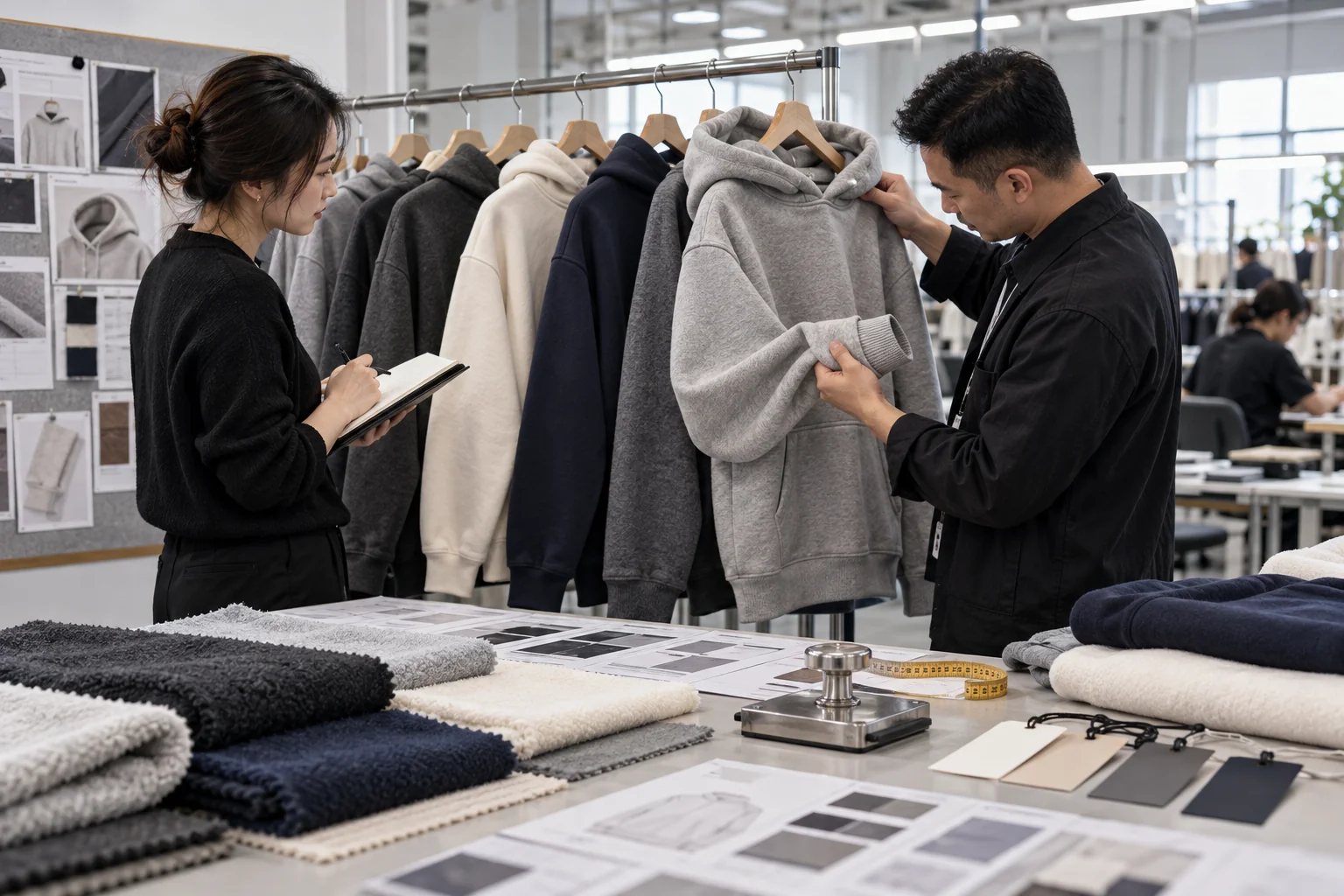 Evaluate the complete heavyweight hoodie: Identify finished fleece and rib requirements; Verify construction, shrinkage, and decoration evidence; Compare matched offers and approve bulk controls
