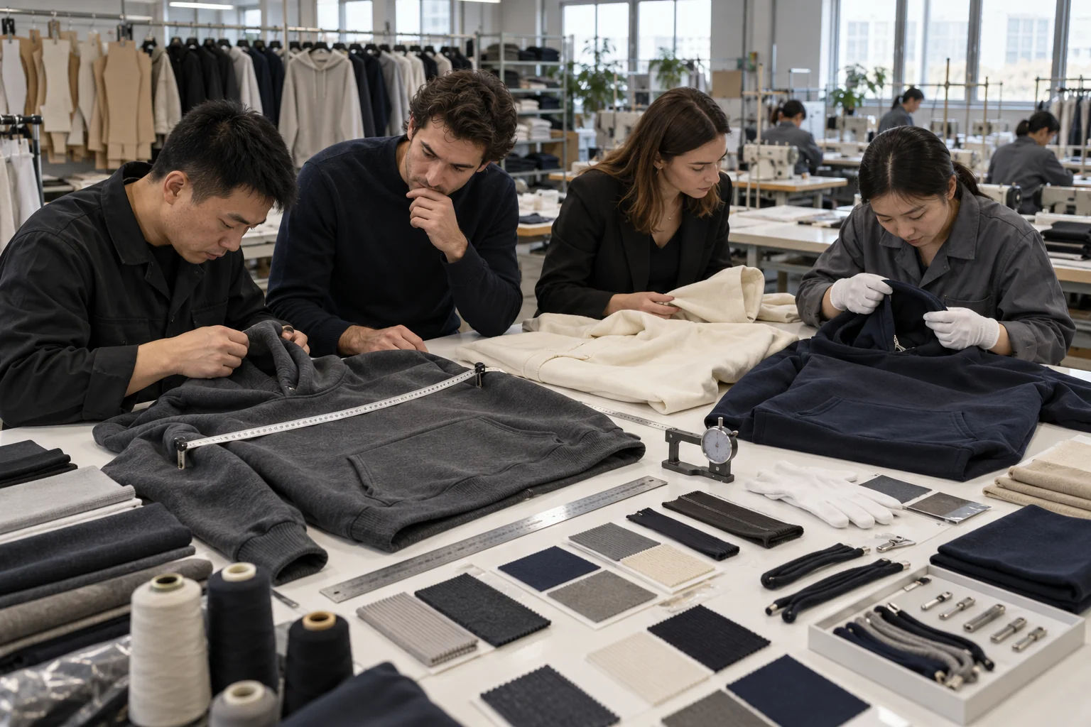 Evaluate high-finish hoodie execution: Define observable finish and material criteria; Review construction and decoration evidence; Confirm repeatable bulk QC and commercial scope