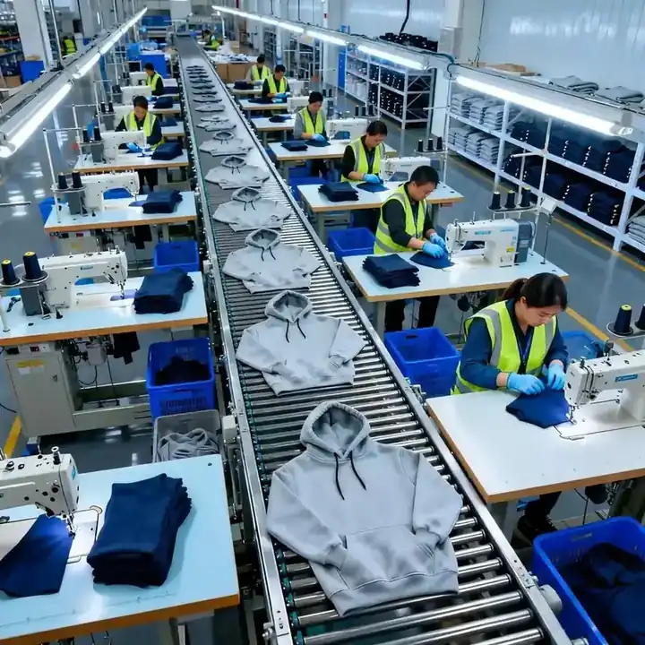 Hoodie production line with grey pullovers, sewing stations and folded fabric panels